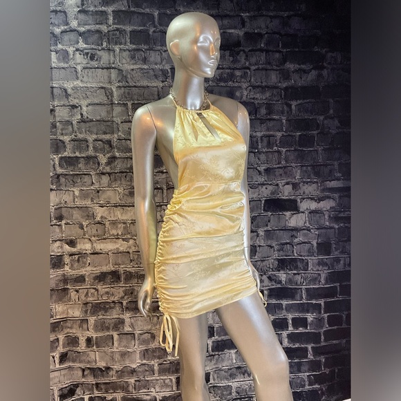 Yellow Satin Brocade Mini Bodycon Summer Dress - Picture 5 of 16